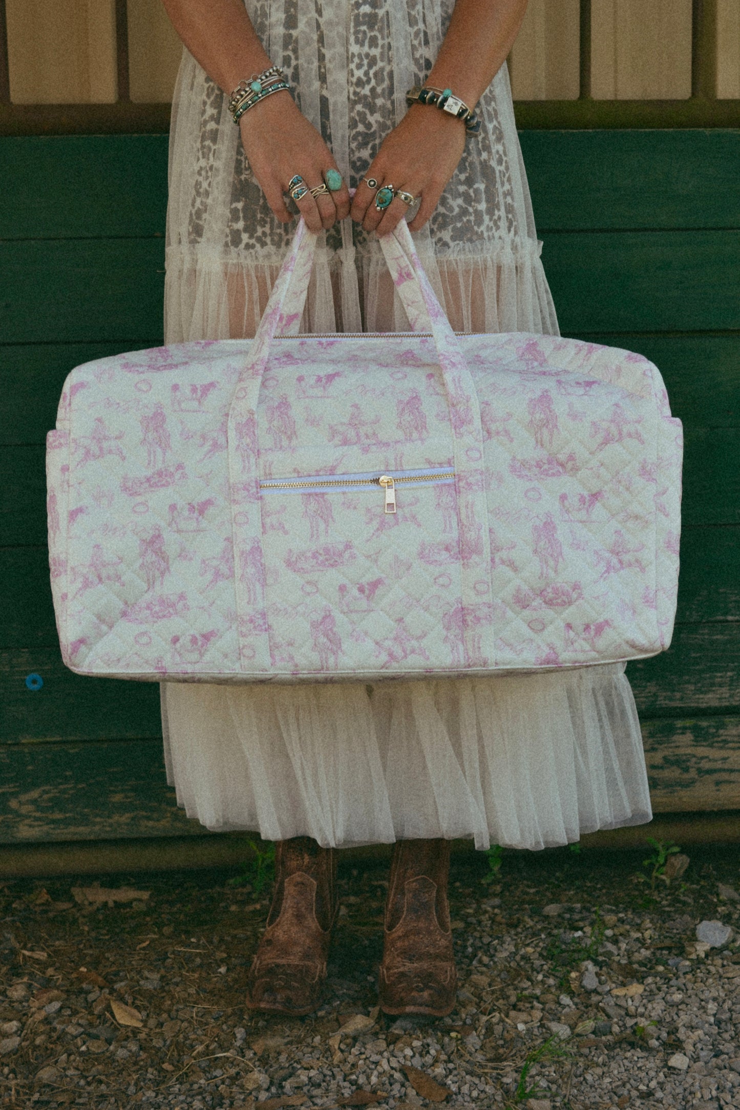 Pink cowgirl print duffle bag