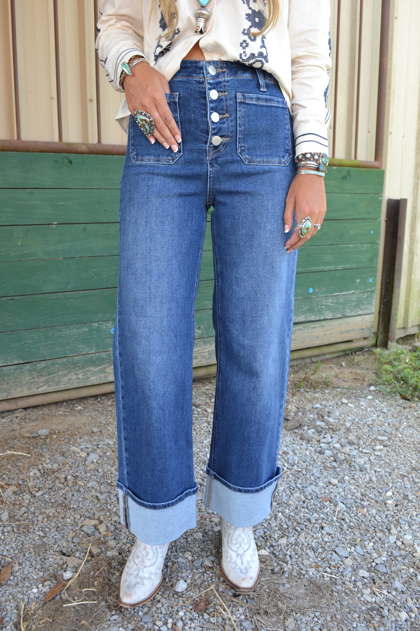 risen high rise dark wash denim jeans with cuffed hem