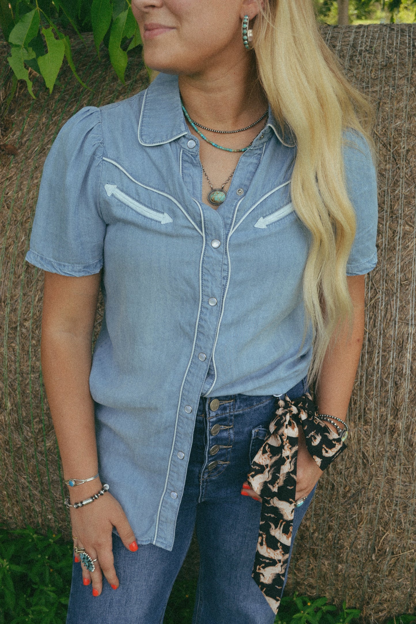 Western yoke tencel denim short sleeve top