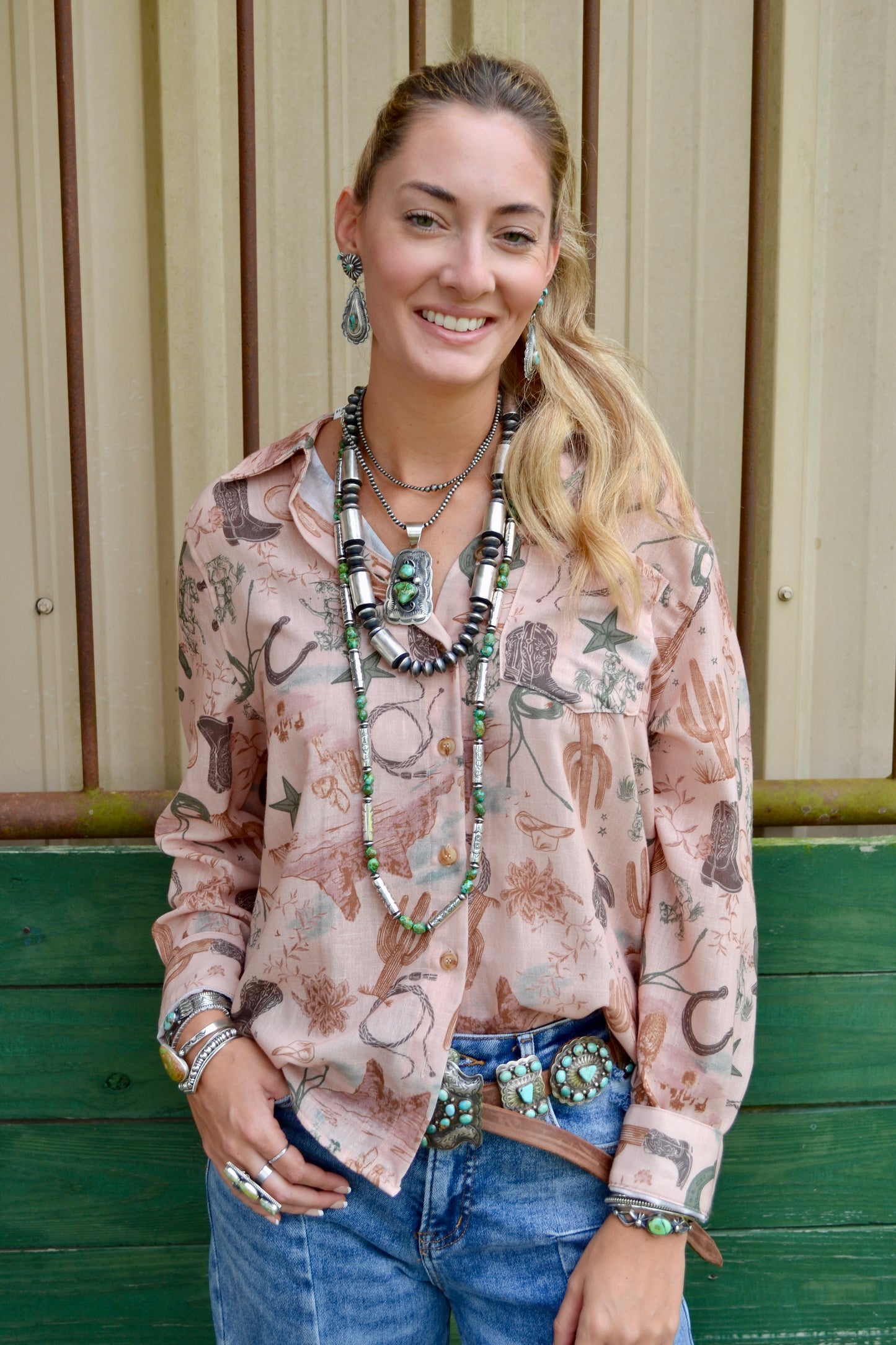 Western print long sleeve button up