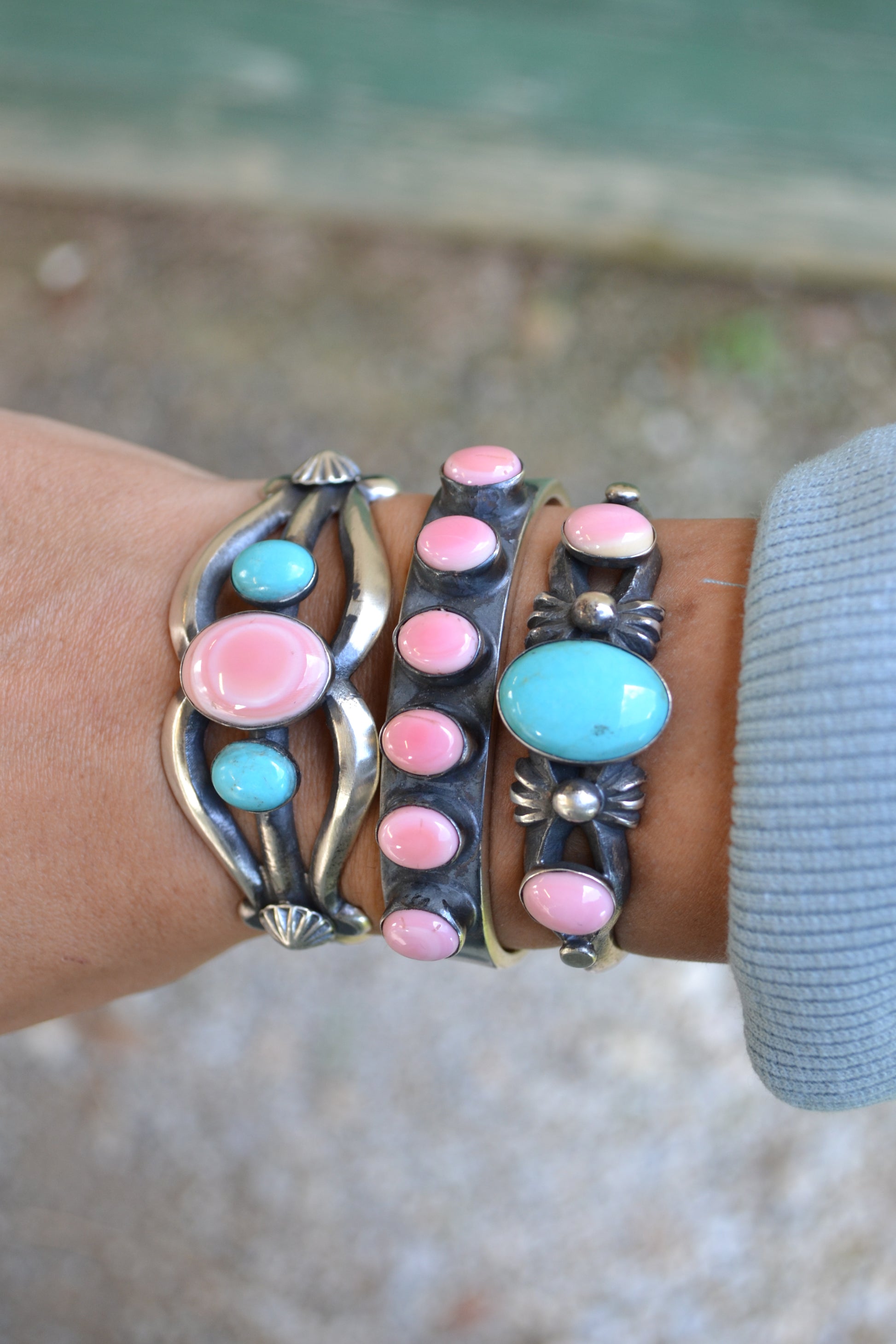 pink conch and turquoise chimney butte cuff bracelet
