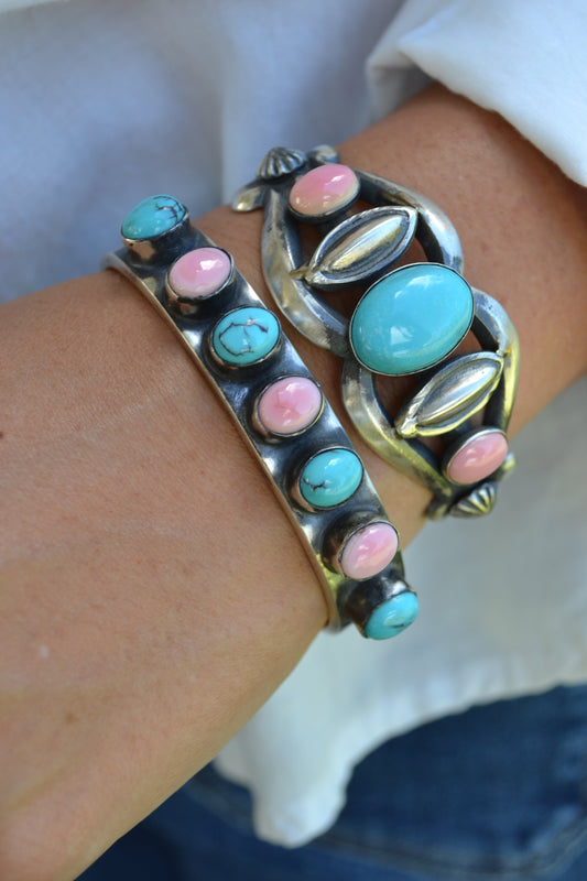 pink conch and turquoise chimney butte cuff bracelet