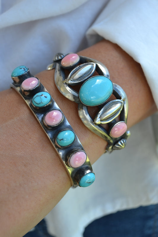 chimney butte pink conch and turquoise cuff bracelet