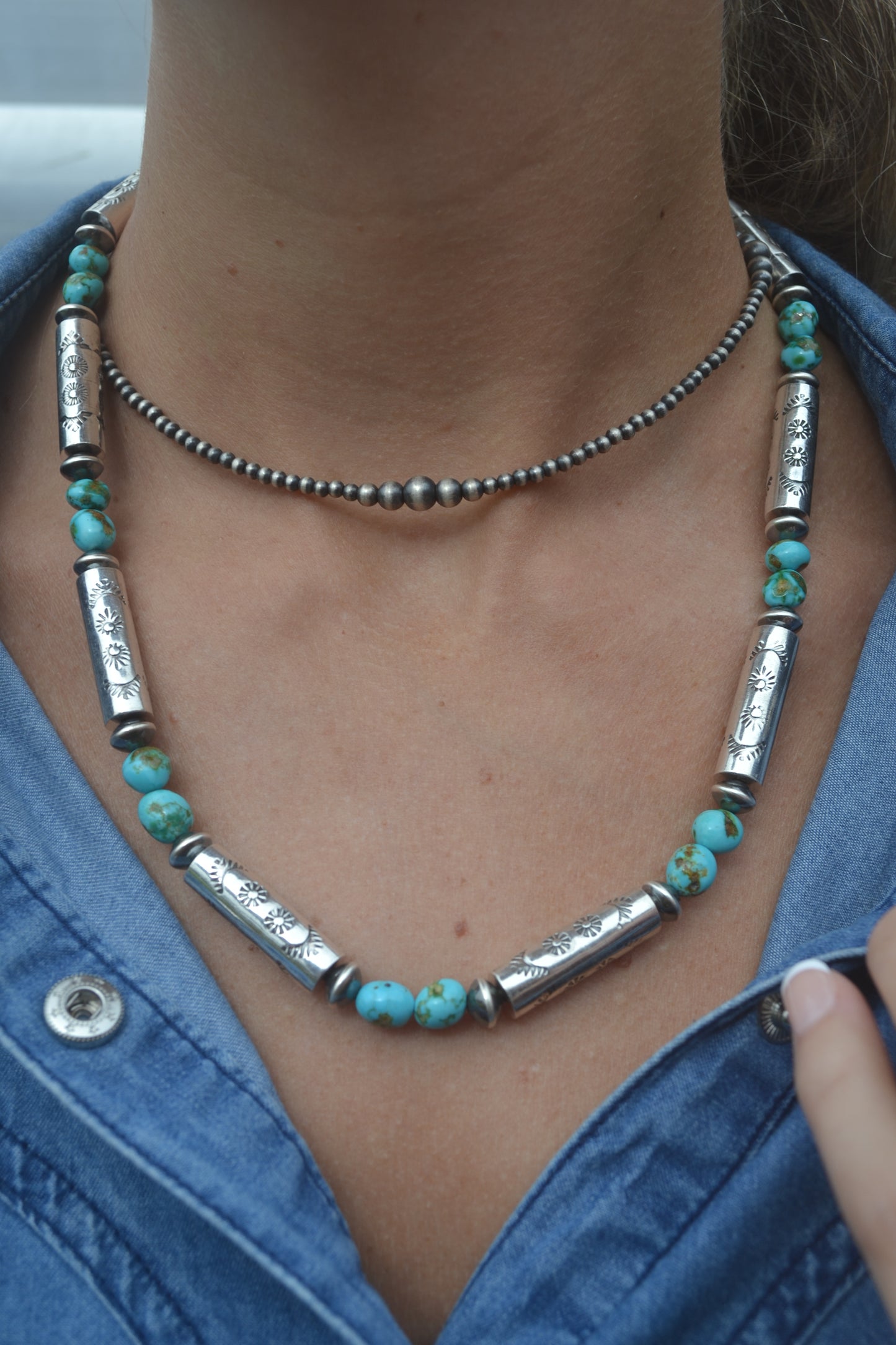 sonoran gold turquoise nugget and handmade barrel bead necklace