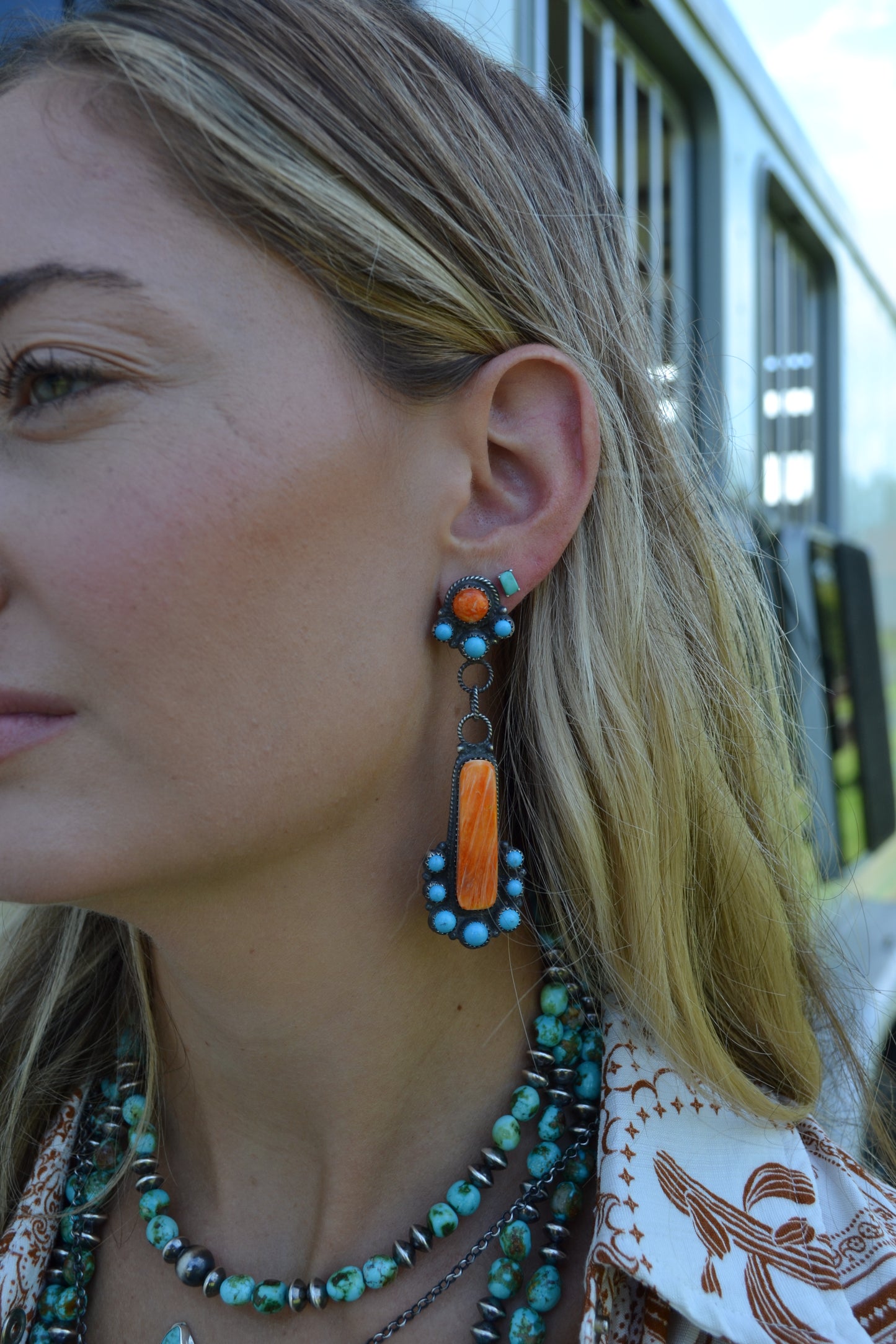 Orange spiny and turquoise earrings