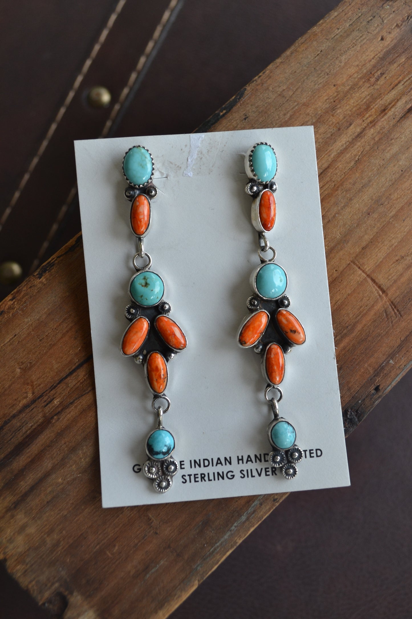 jacqueline silver orange spiny and turquoise dangle earrings