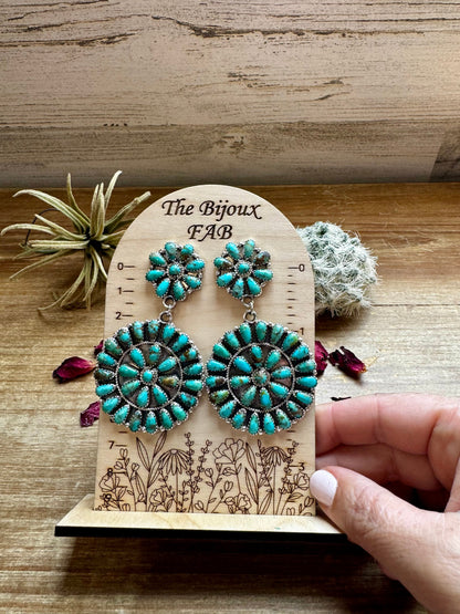 Big Cluster and Dangle Flower Stud Blue Turquoise Earrings