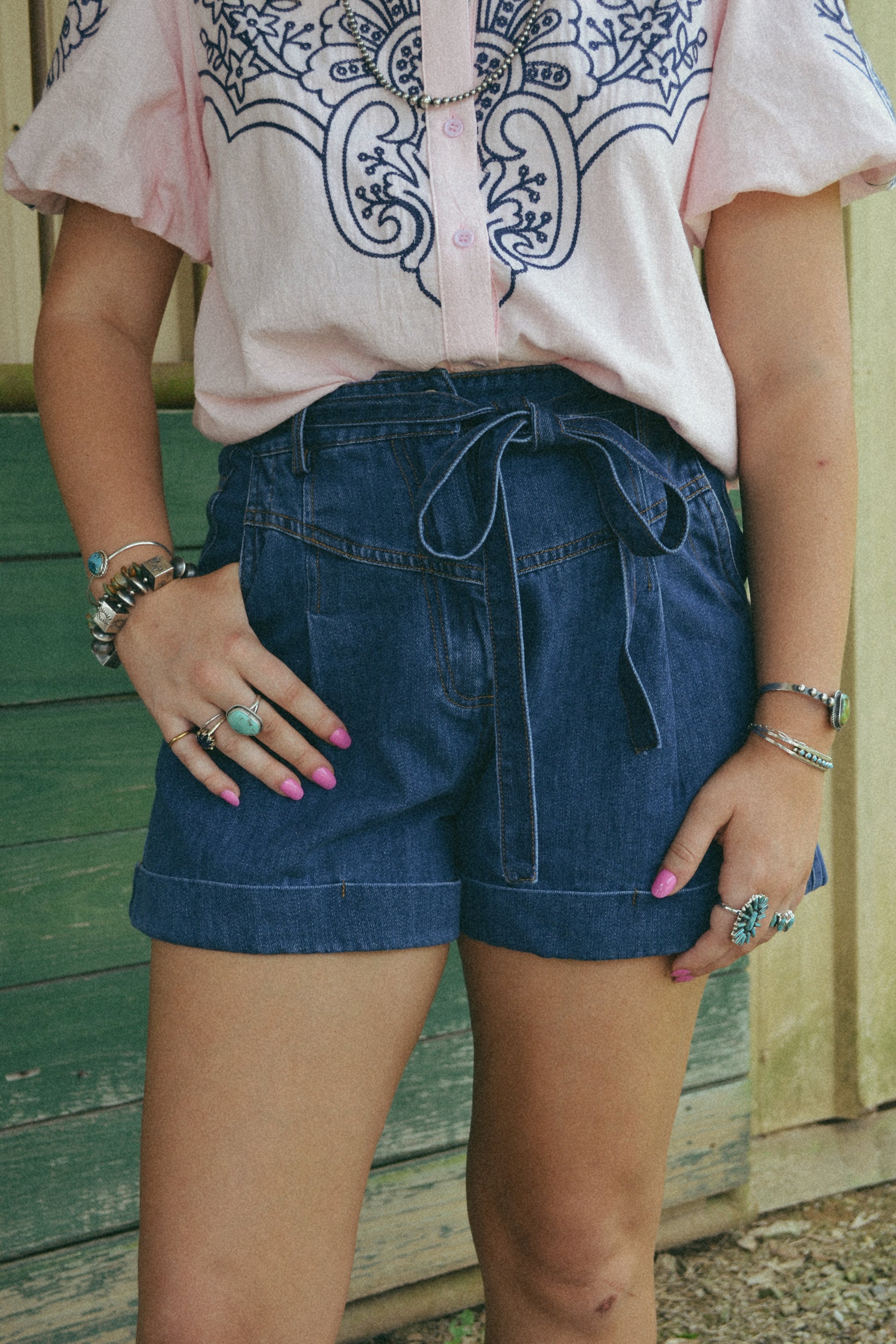 High rise denim yoke shorts with tie belt 