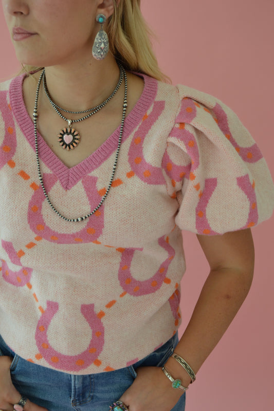 pink horse shoe short sleeve sweater top