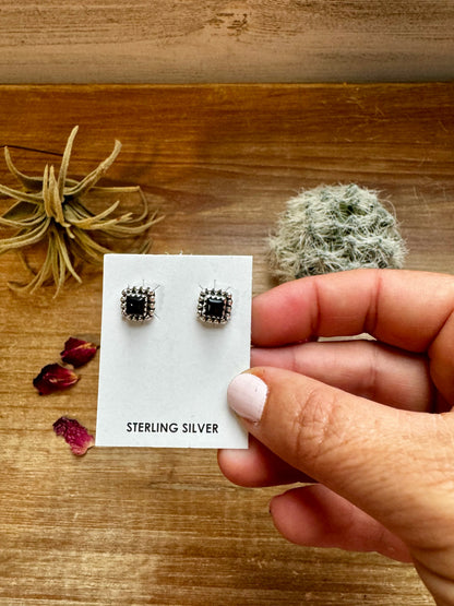 Mini square Sterling silver stud earrings with black Onyx