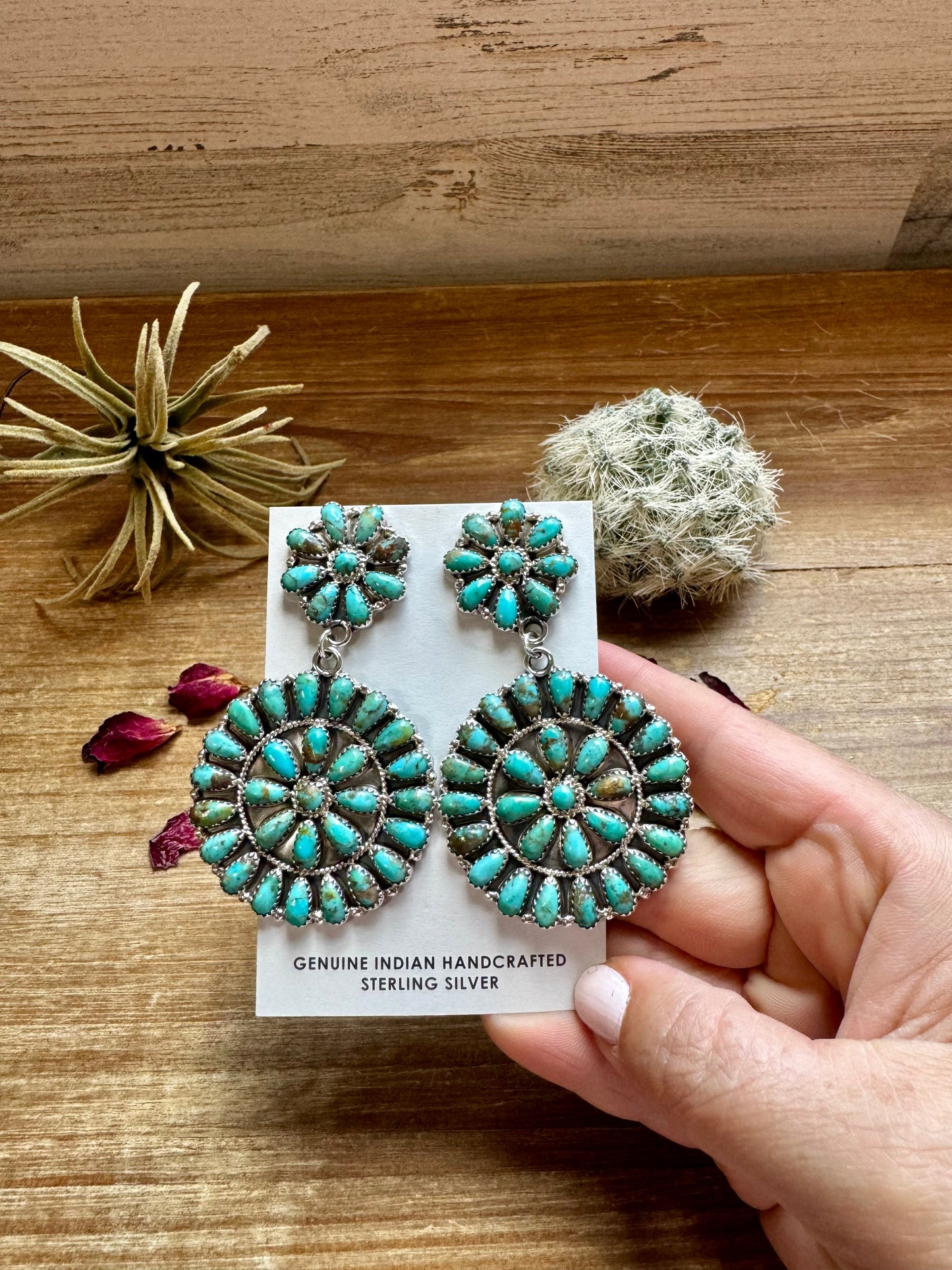 Big Cluster and Dangle Flower Stud Blue Turquoise Earrings