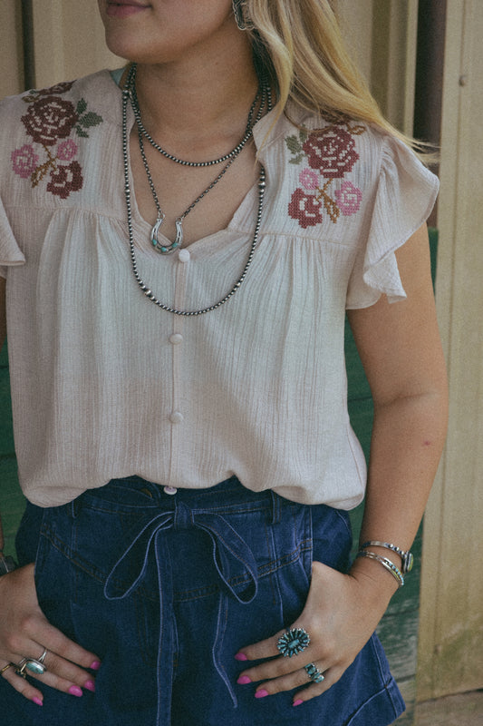 Embroidered flower short ruffle sleeve top 