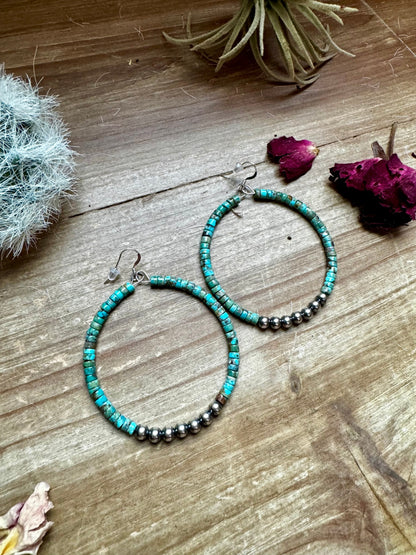 Big turquoise hoops earrings with sterling silver pearls