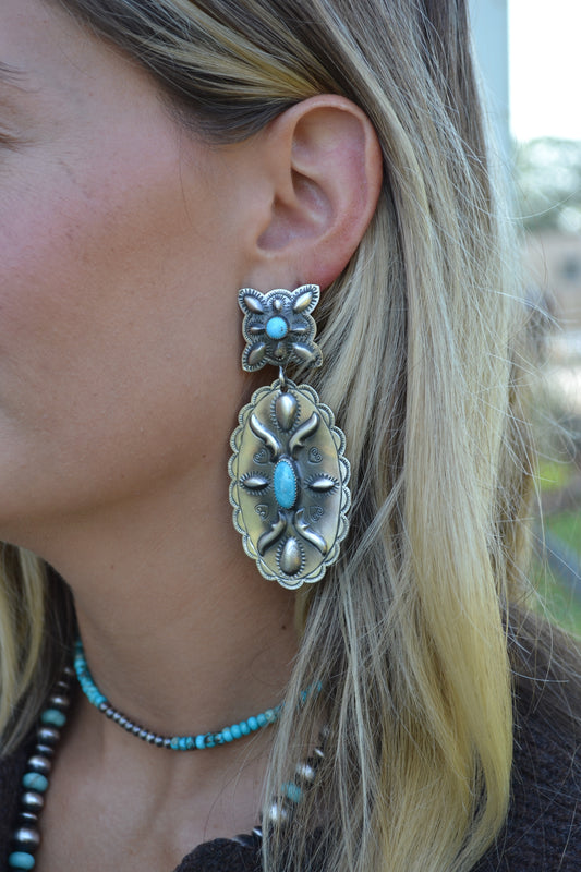turquoise and silver concho dangle earrings