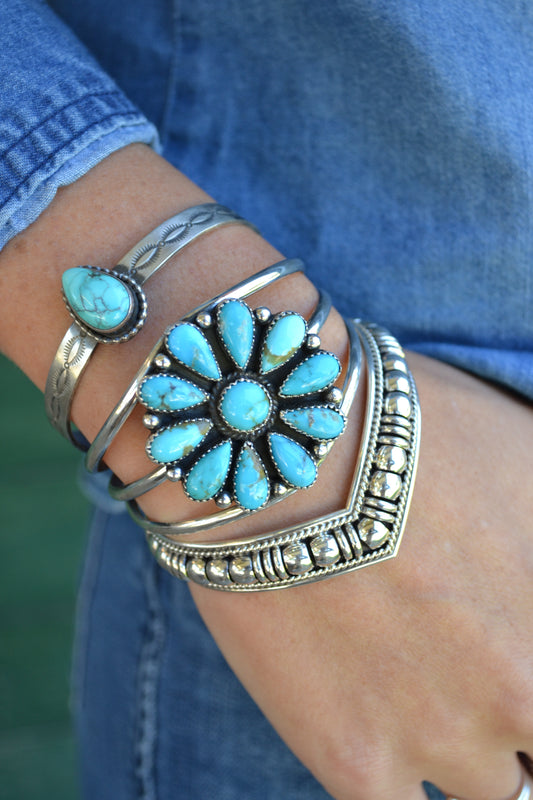 native made turquoise flower cluster cuff bracelet