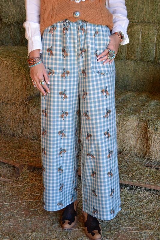 teal gingham horse print wide leg pants