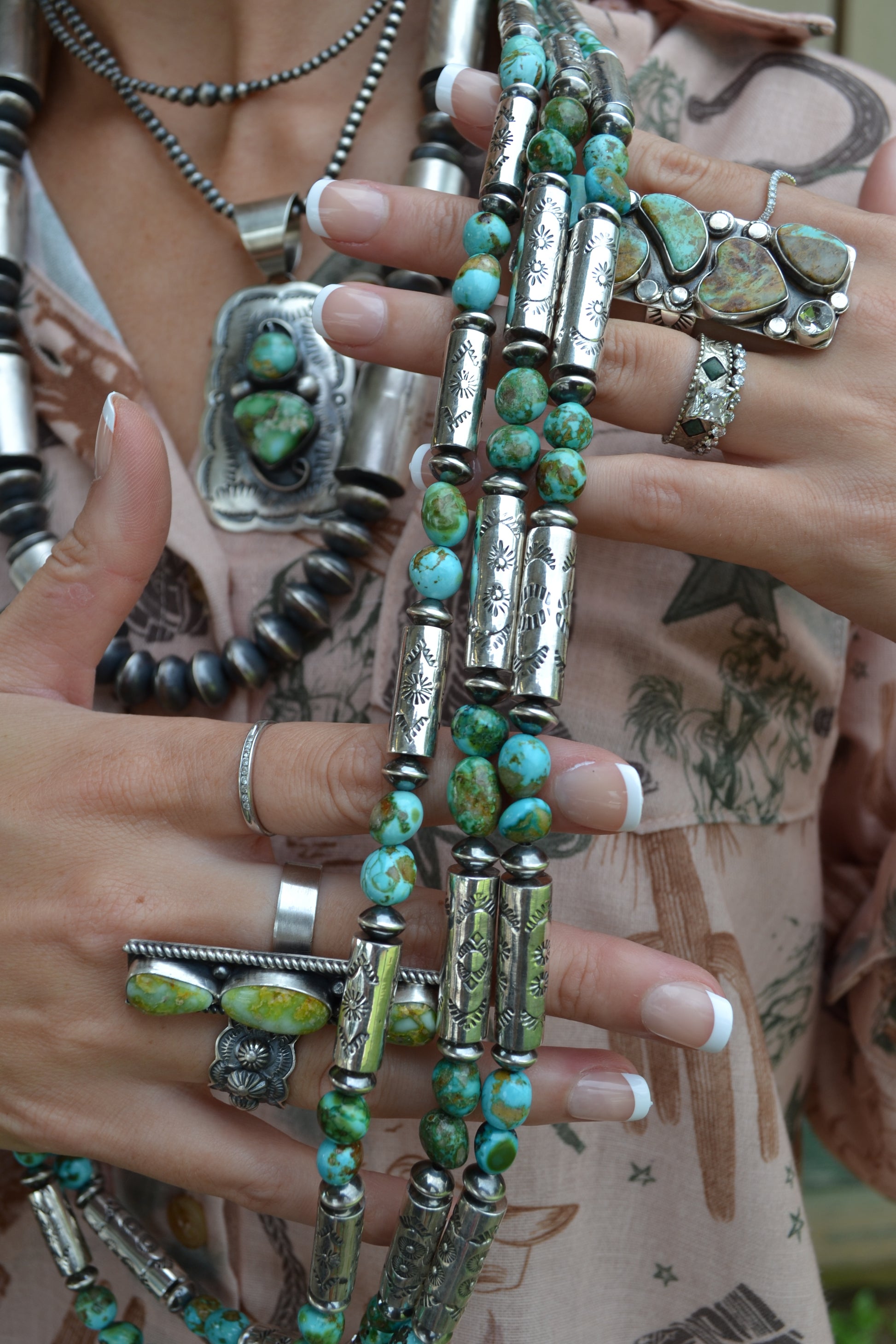 sonoran gold turquoise nugget and handmade barrel bead necklace