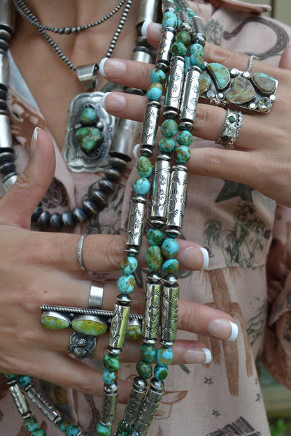 sonoran gold turquoise nugget and handmade barrel bead necklace
