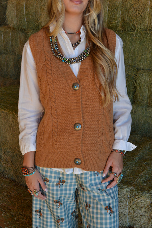 western sleeveless sweater vest with turquoise concho buttons