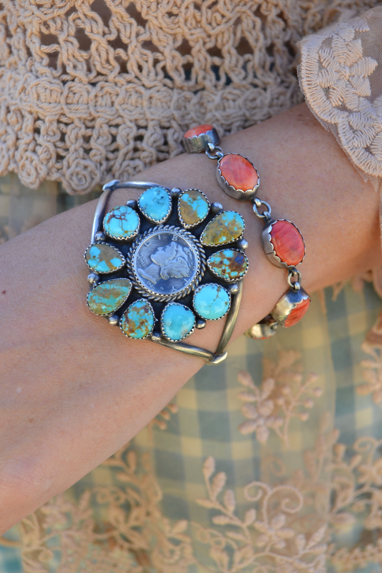 liberty coin 1940 turquoise cluster cuff native made by a spencer