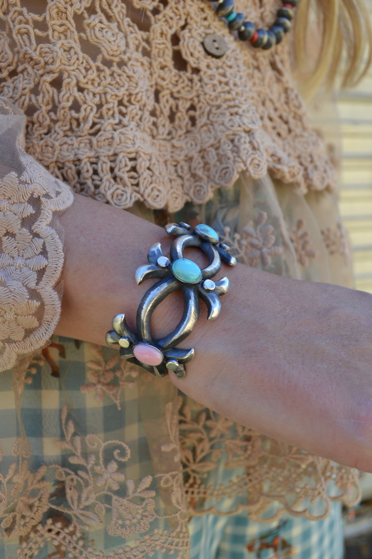 The Lena Pink Conch and Turquoise Cuff