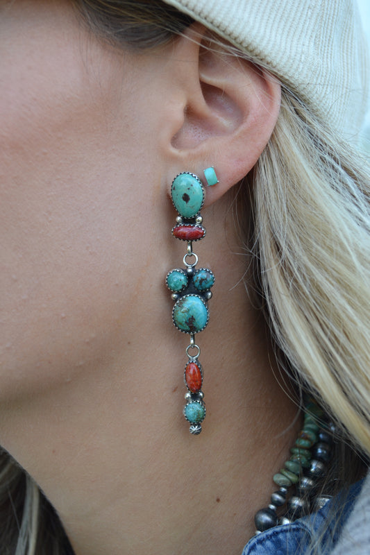 jacqueline silver red spiny and turquoise dangle earrings