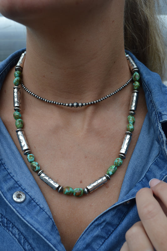 sonoran gold turquoise nugget and handmade barrel bead necklace