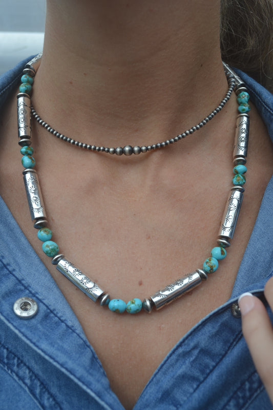 sonoran gold turquoise nugget and handmade barrel bead necklace