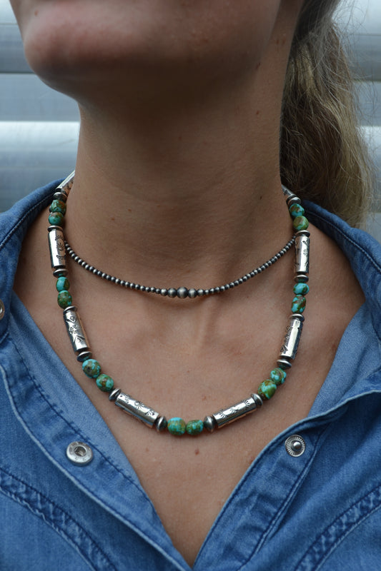 sonoran gold turquoise nugget and handmade barrel bead necklace