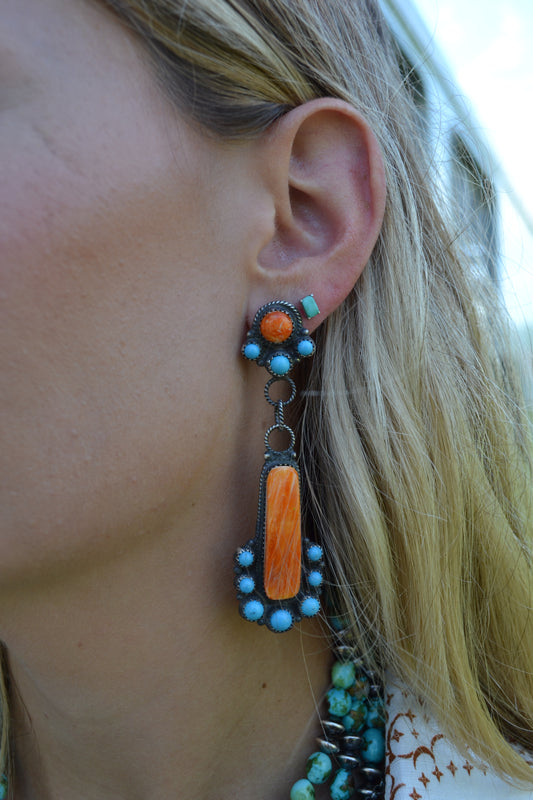native made spiny oyster and turquoise dangle earrings