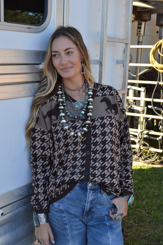 houndstooth western print horse cardiagn