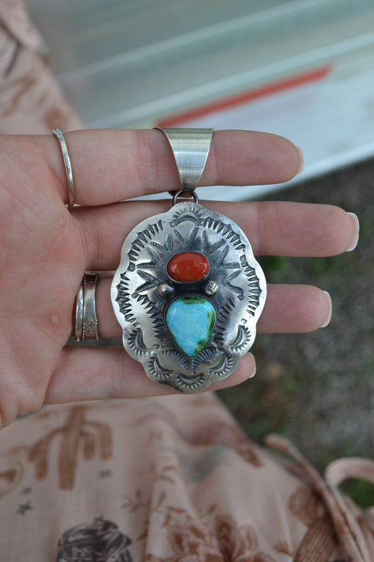Chimney Butte coral and Sonoran concho pendant 