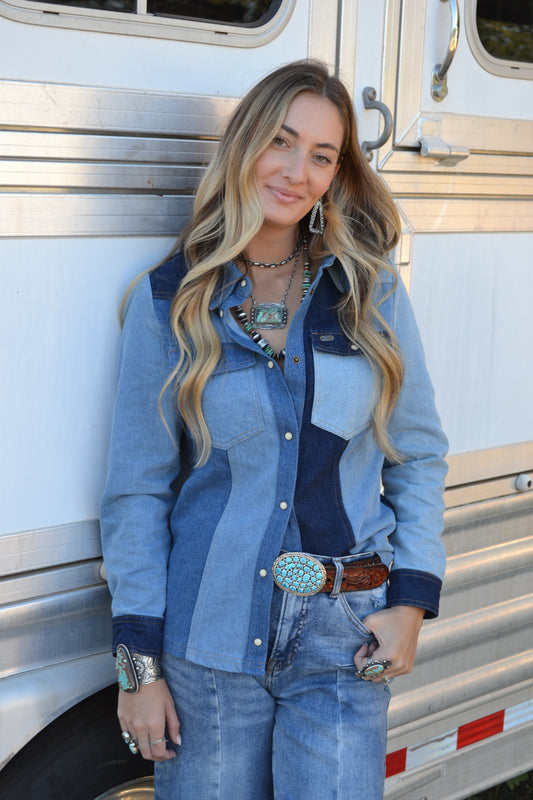 womens patchwork denim pearl snap long sleeve top