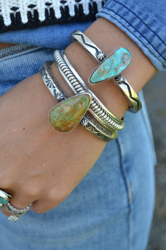 tahe large turquoise stone cuff bracelet with stamped band