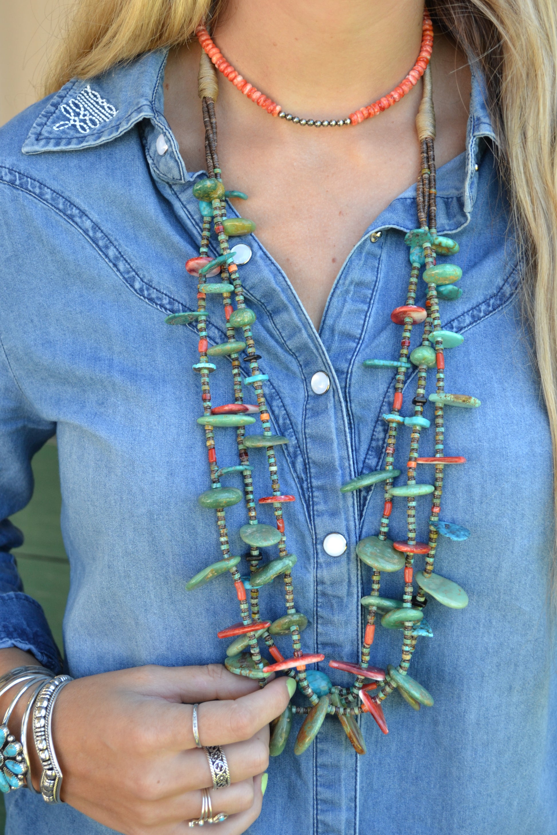 Daniel Coriz Multi Stone Santo Domingo Red Spiny and Turquoise Heishi Necklace