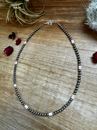 4 mm Sterling Silver Pearls choker with pink conch