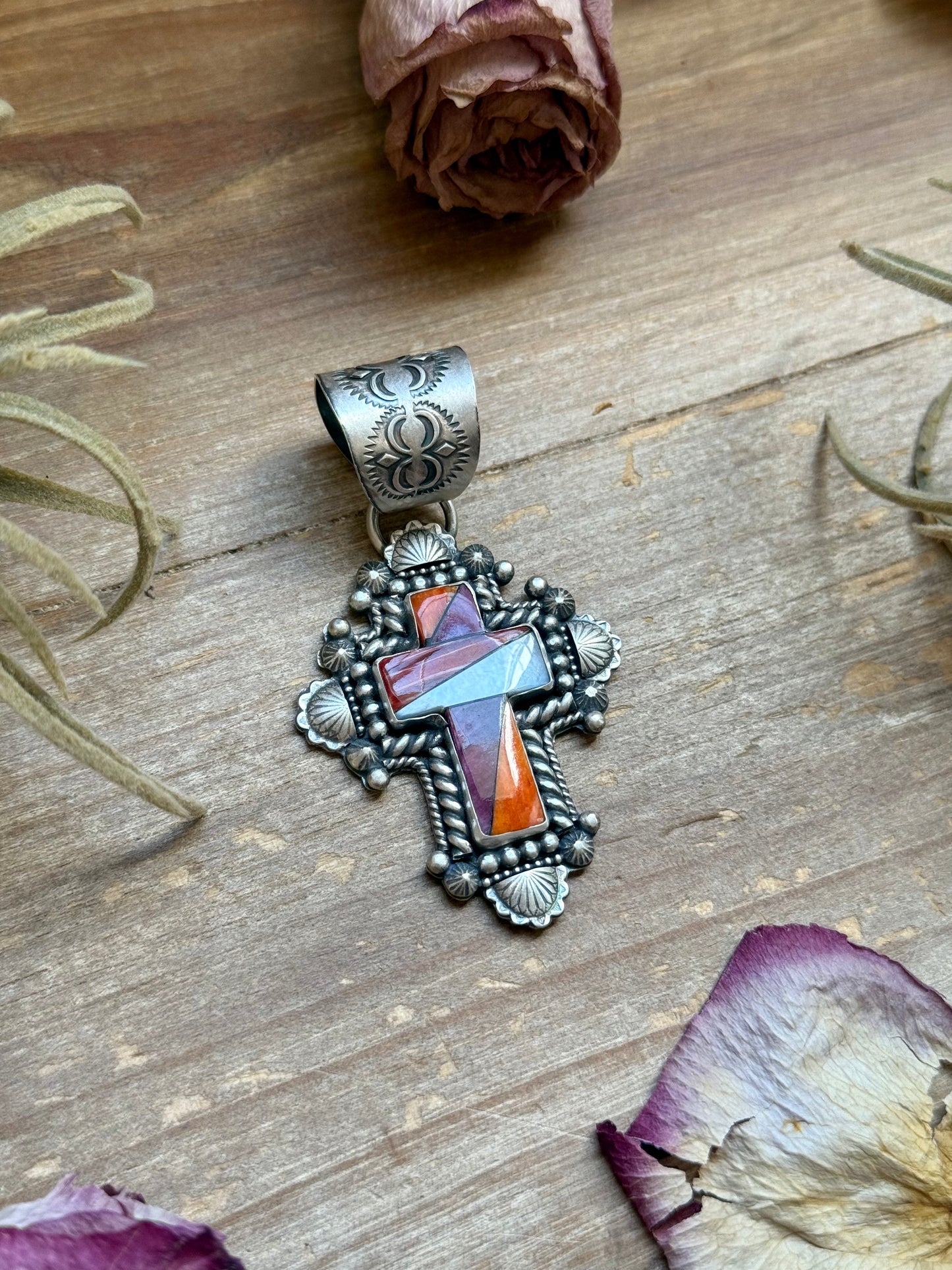 Sterling Silver Multi-Stone Inlay Cross Pendant – Mother of Pearl & Spiny Oyster – Handmade by Artist Shay Pfeiffer