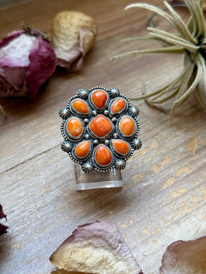 Sterling Silver Orange Spiny Oyster Mosaic Cluster Ring Size 7.5, Artist Shay Pfeiffer