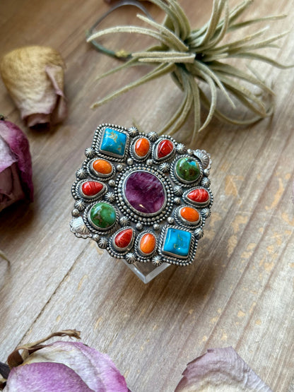 Mosaic Cluster Ring – Sterling Silver – Sonoran Mountain, Blue Ridge Turquoise & Spiny Oyster – Size 9 – Artist Shay Pfeiffer